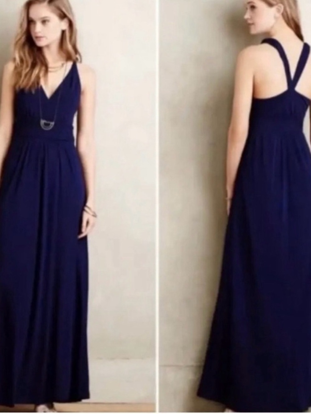 Maeve Anthropologie YUMA Navy V-Neck Dress with Braided Waist Detail